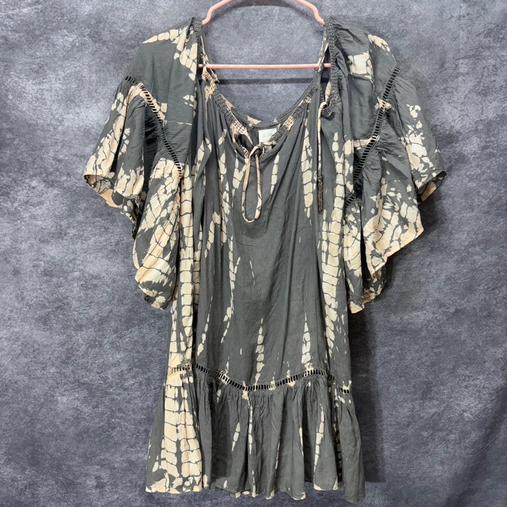Surf Gypsy Tie Dye Tunic Top Size M Gray Cream Flounce Bell Sleeve Boho NWT